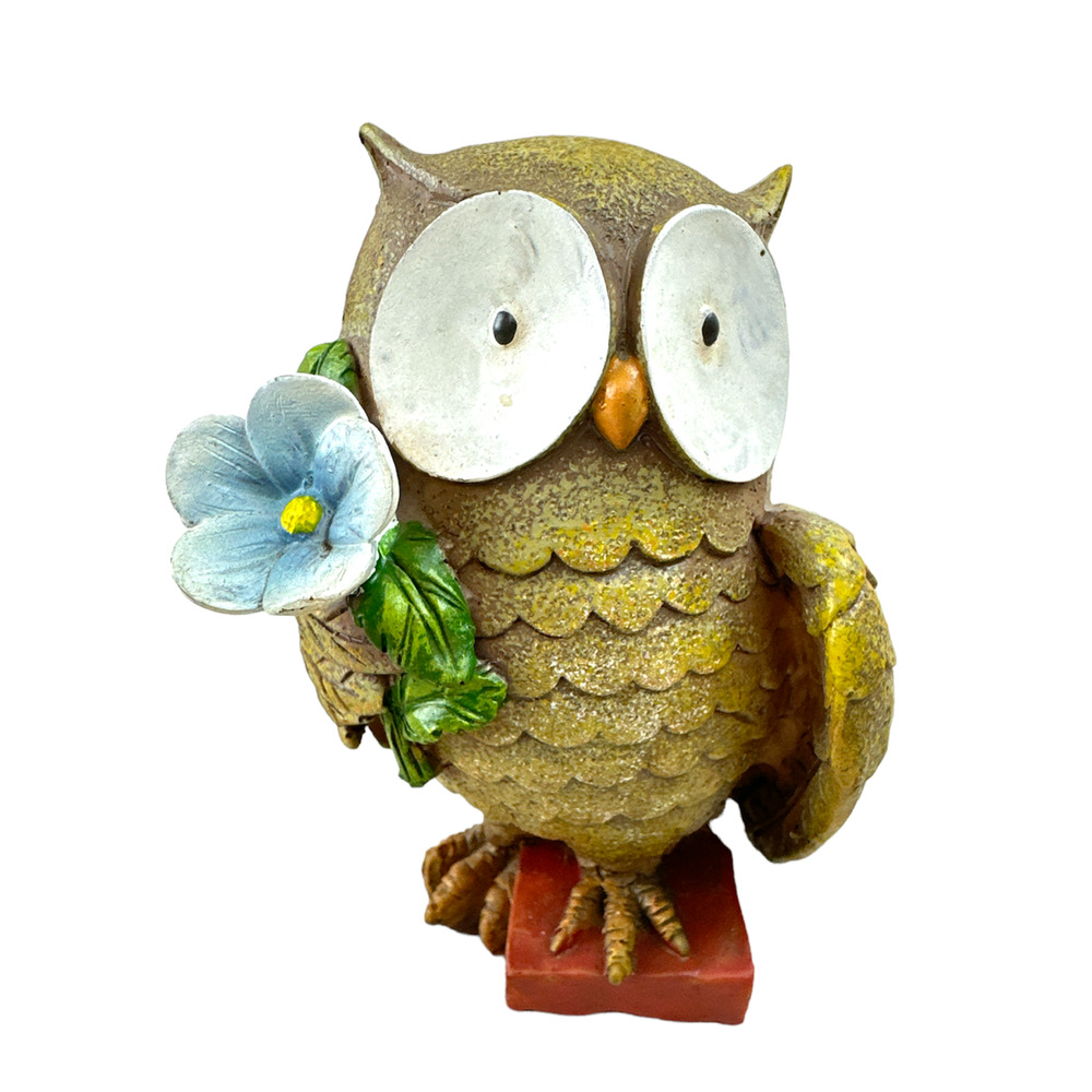 Weathered Stone Look Resin Owl Vtg Statue Holding Blue Flower Springtime Gift